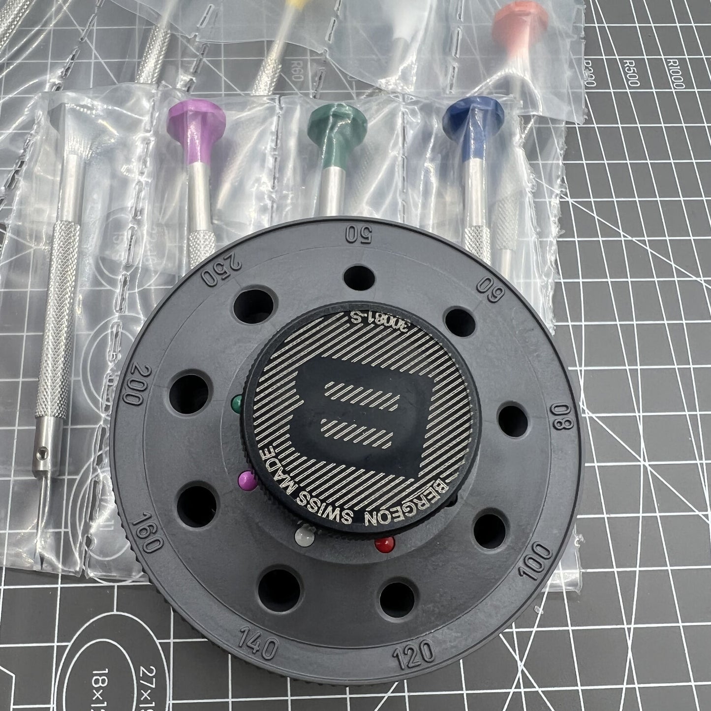 Bergeon 30081-S09 ergonomic screwdriver set with 9 precision tools for detailed watch repair tasks.