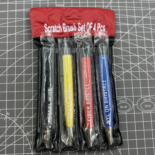 Scratch brush set with glass, steel, and nylon bristles for electronic watch repair.