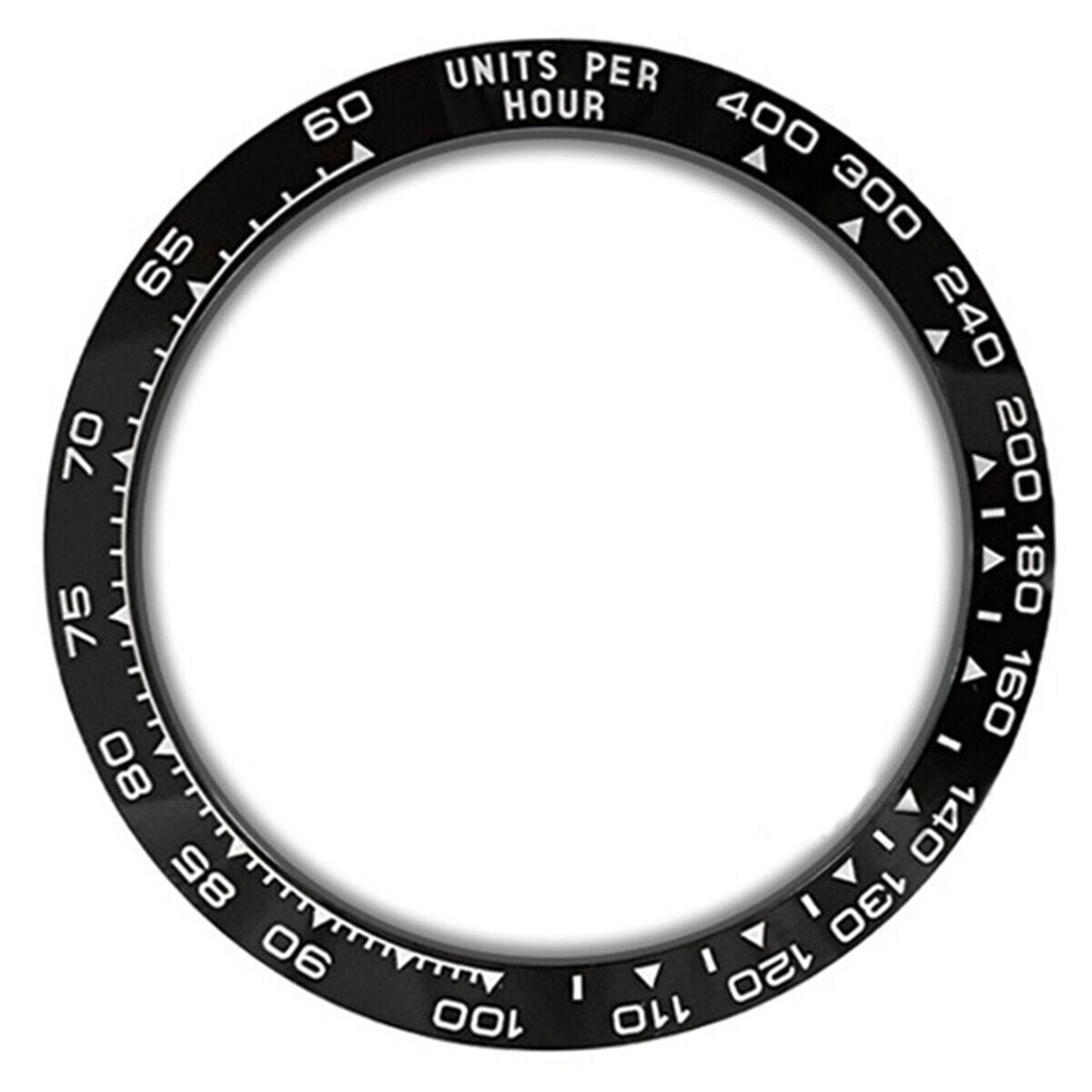 Ceramic slope bezel with white font for Daytona watch, 37.65x30.7mm, sleek black background design.