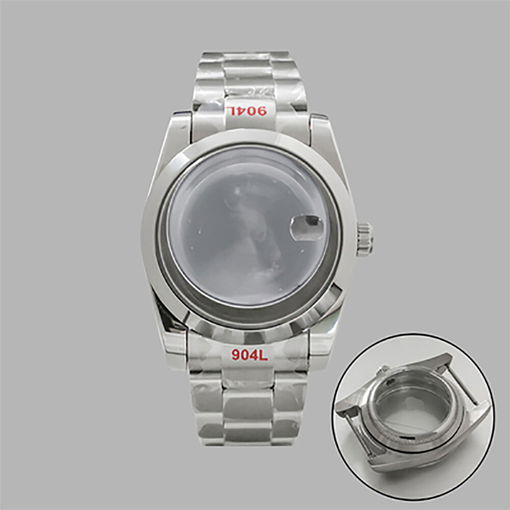 36mm stainless steel watch case and strap with transparent calendar window, compatible with NH35/36 movements.