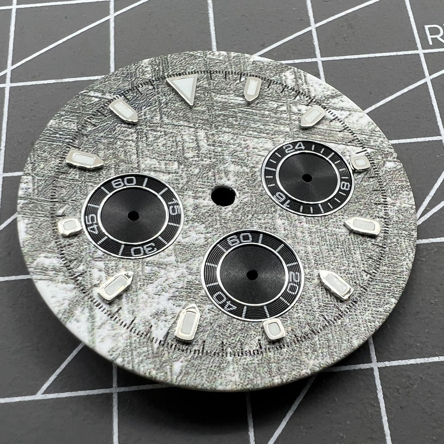 Green Lume 32.5mm Grey Rock Style Matted Watch Dial for VK63 Quartz Movement, rugged design.