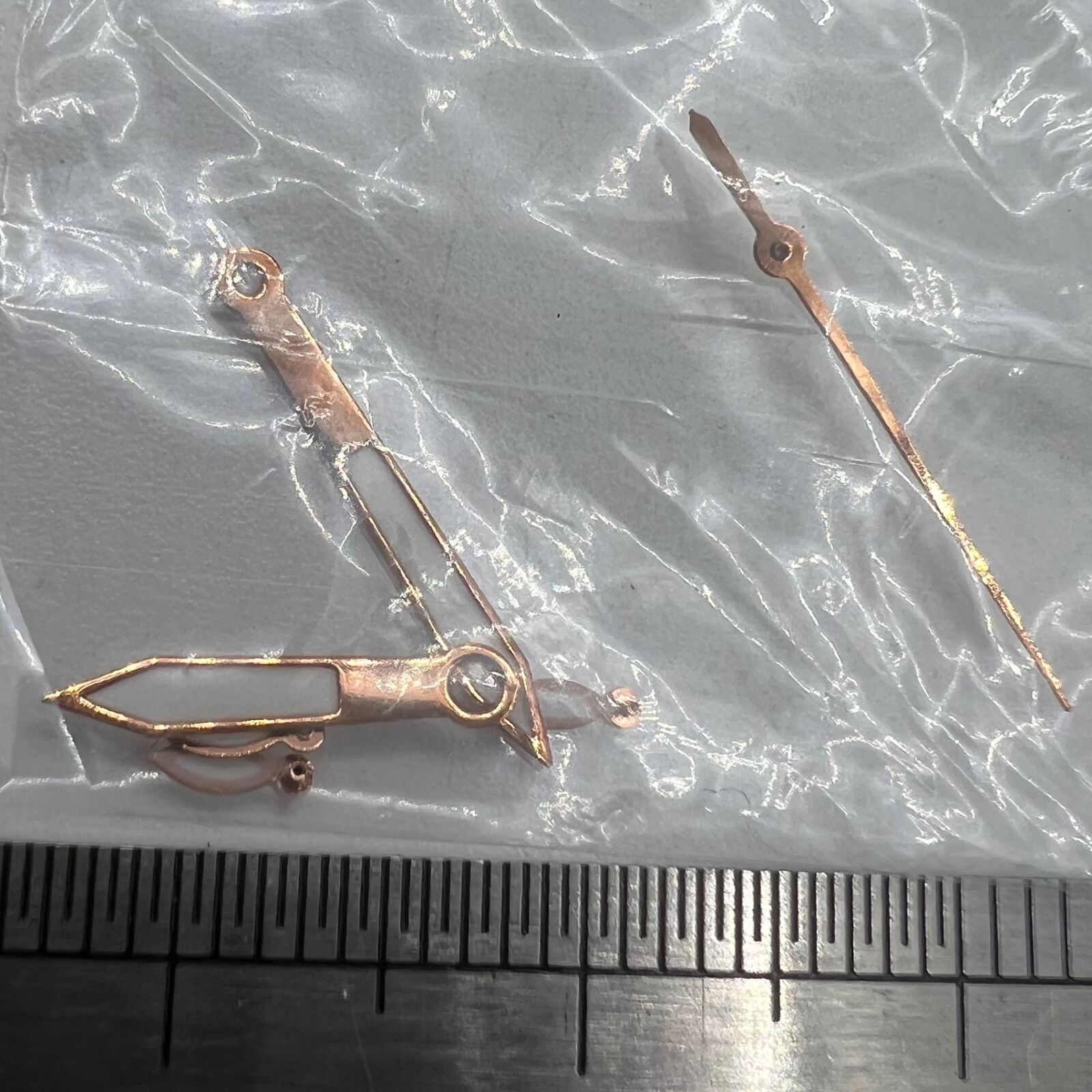 Rose gold trimmed 14.5mm white watch hands for Miyota OS series, precision design.
