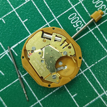 Miyota GN15 quartz watch movement showing date at 6 o'clock, reliable Japanese mechanism for precision.