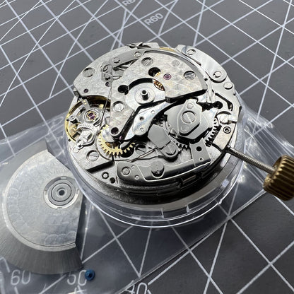 Automatic chronograph watch with ETA 7753 movement and small seconds at 6 o?clock.