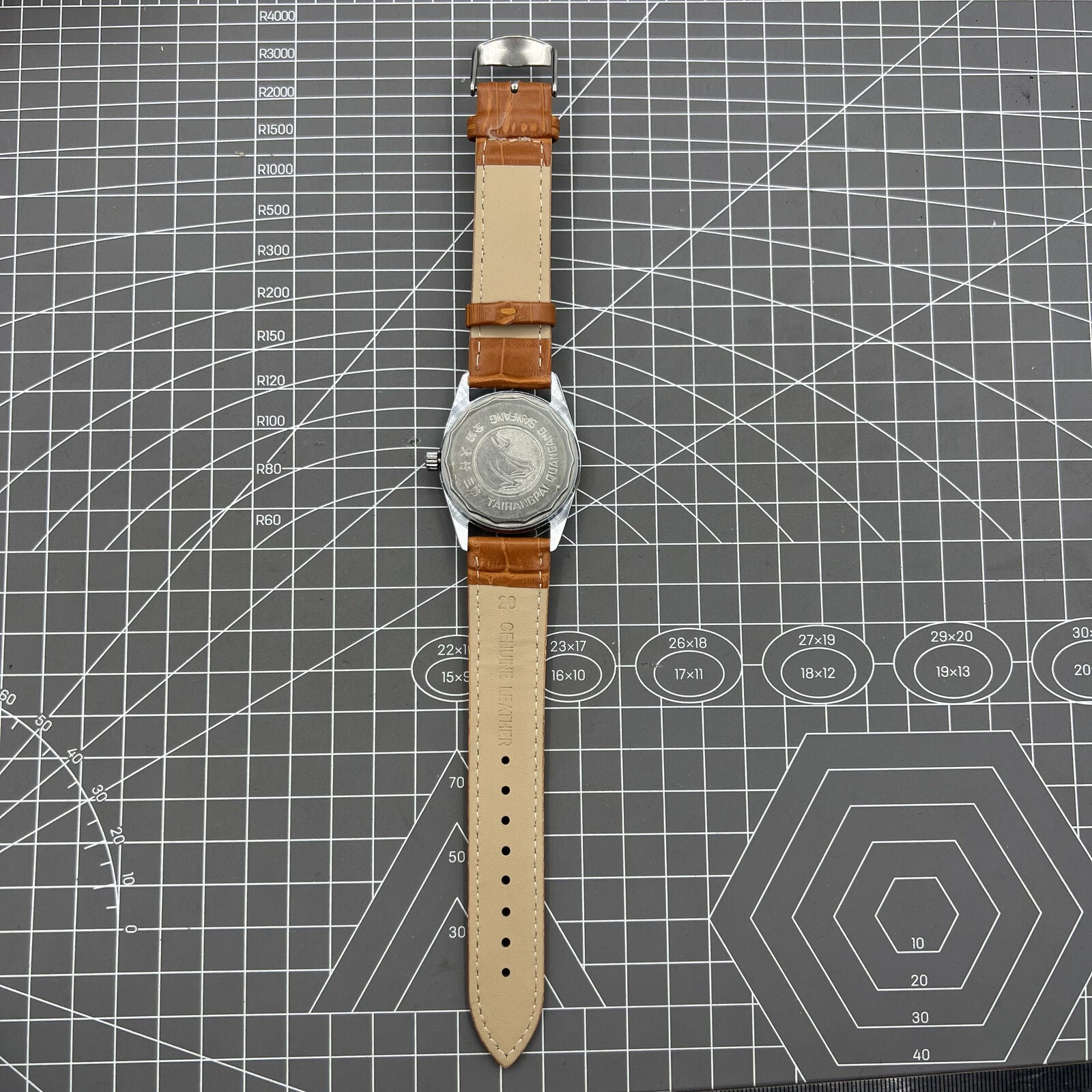 TAIHANG 38mm mechanical watch with silver dial, gold markers, round case, and 17-jewel movement.
