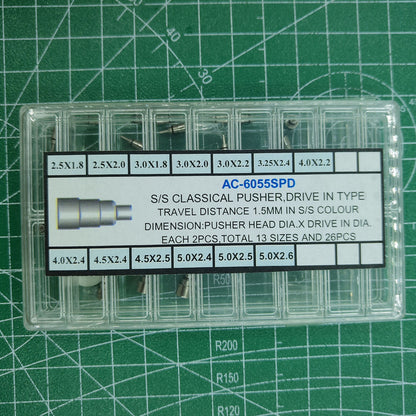 Set of 26 stainless steel chronograph button watch pushers, screw-in type, ideal for watch repairs and upgrades.