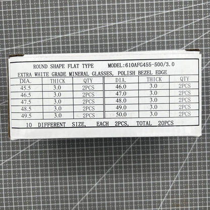 1. 20pcs flat 3.0mm thick mineral crystal watch glass for 45.5-50mm round watches.  