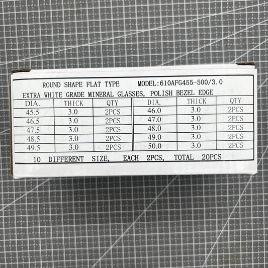 1. 20pcs flat 3.0mm thick mineral crystal watch glass for 45.5-50mm round watches.  