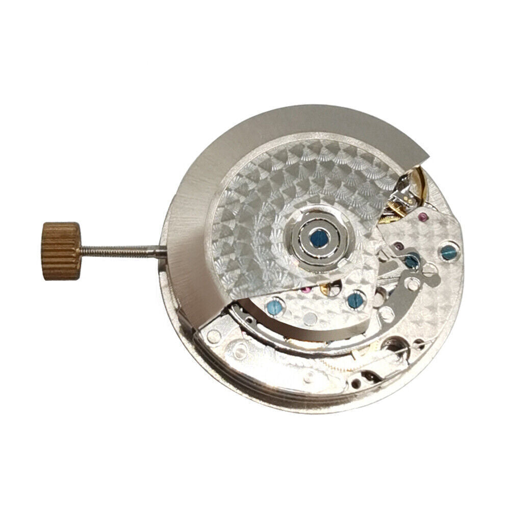 Asian 7750 chronograph watch movement with white dial, single calendar at 3 o'clock, and second subdial at 9 o'clock.