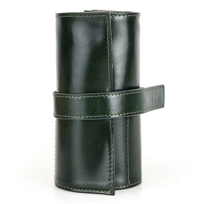 Handmade leather watch box with 6 slots, portable roll pouch for men, perfect for travel storage.