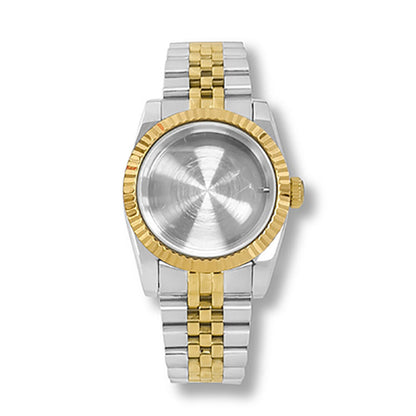 36mm stainless steel watch case, compatible with NH35/NH36 movement, includes black leather strap.