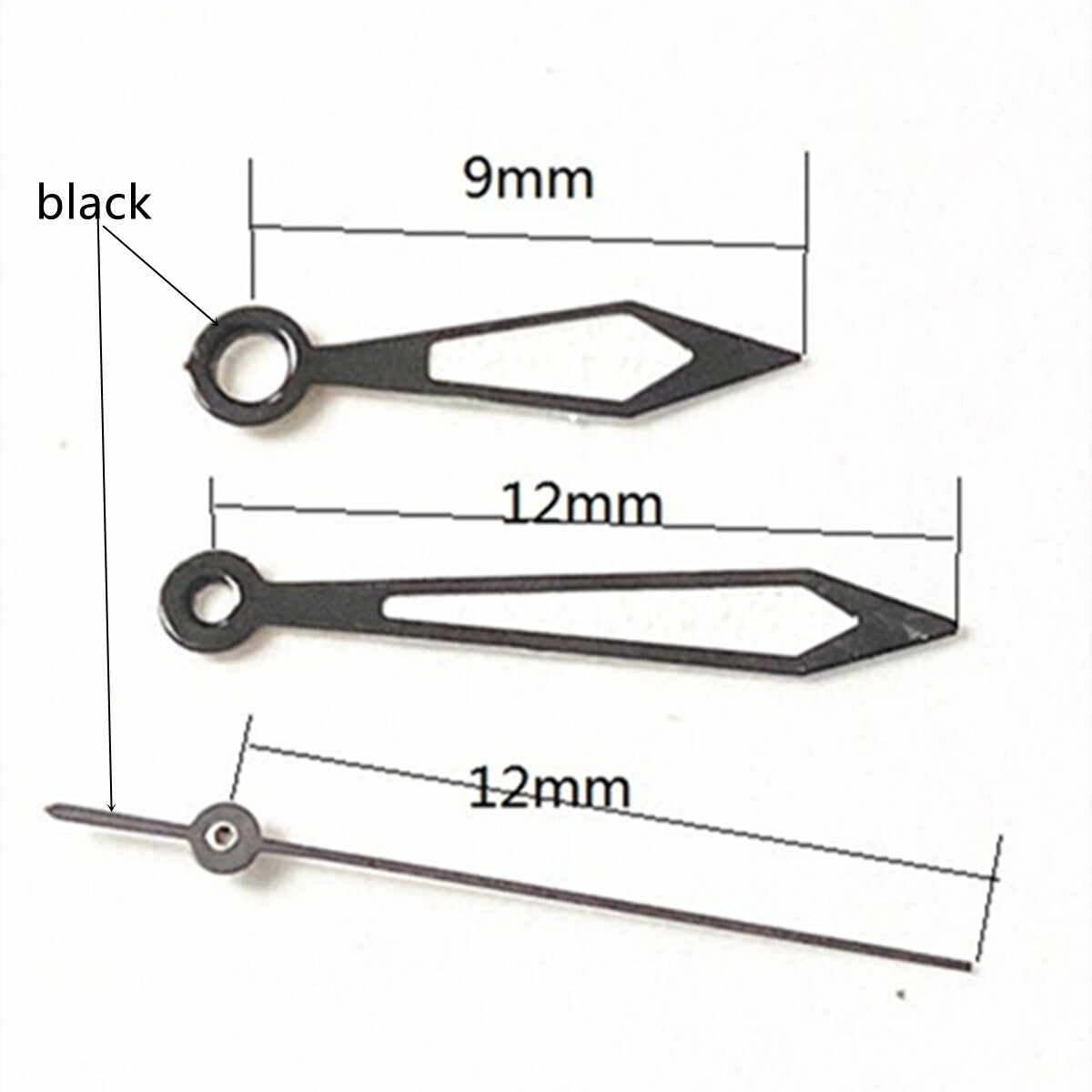 Set of 12mm black-trimmed white watch hands for Ronda 515 quartz.