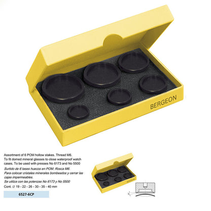 Bergeon 6527-6CP precision glass fitting dies for 19-40mm domed mineral watch crystals.