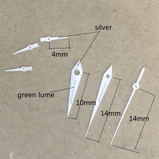 Arrow-shaped silver trim watch hands with green lume, compatible with VD53 VD54 VD57 movements, precision fit.