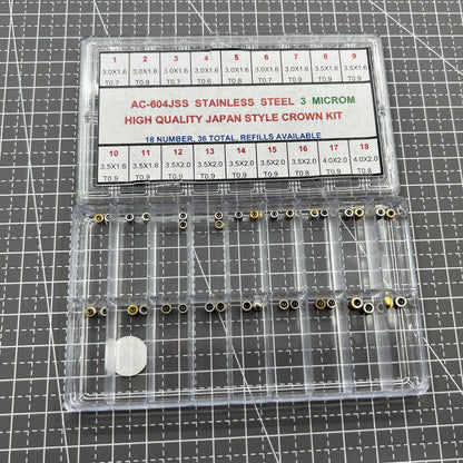 Set of 36 stainless steel watch crowns by Japan Style, ideal for high-quality watch repairs and replacements.