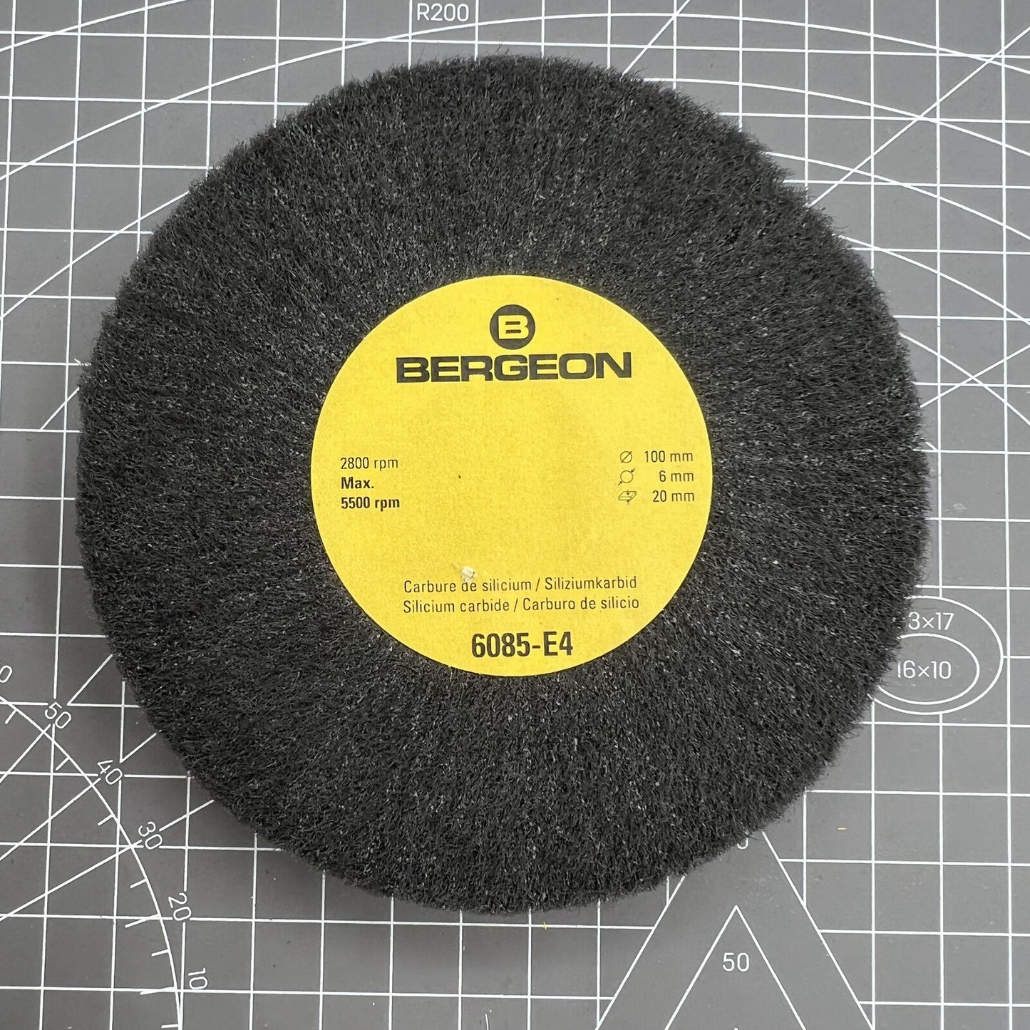 Swiss Bergeon 6085-E4 ultra fine abrasive satin metal finishing wheel for precise watch polishing.