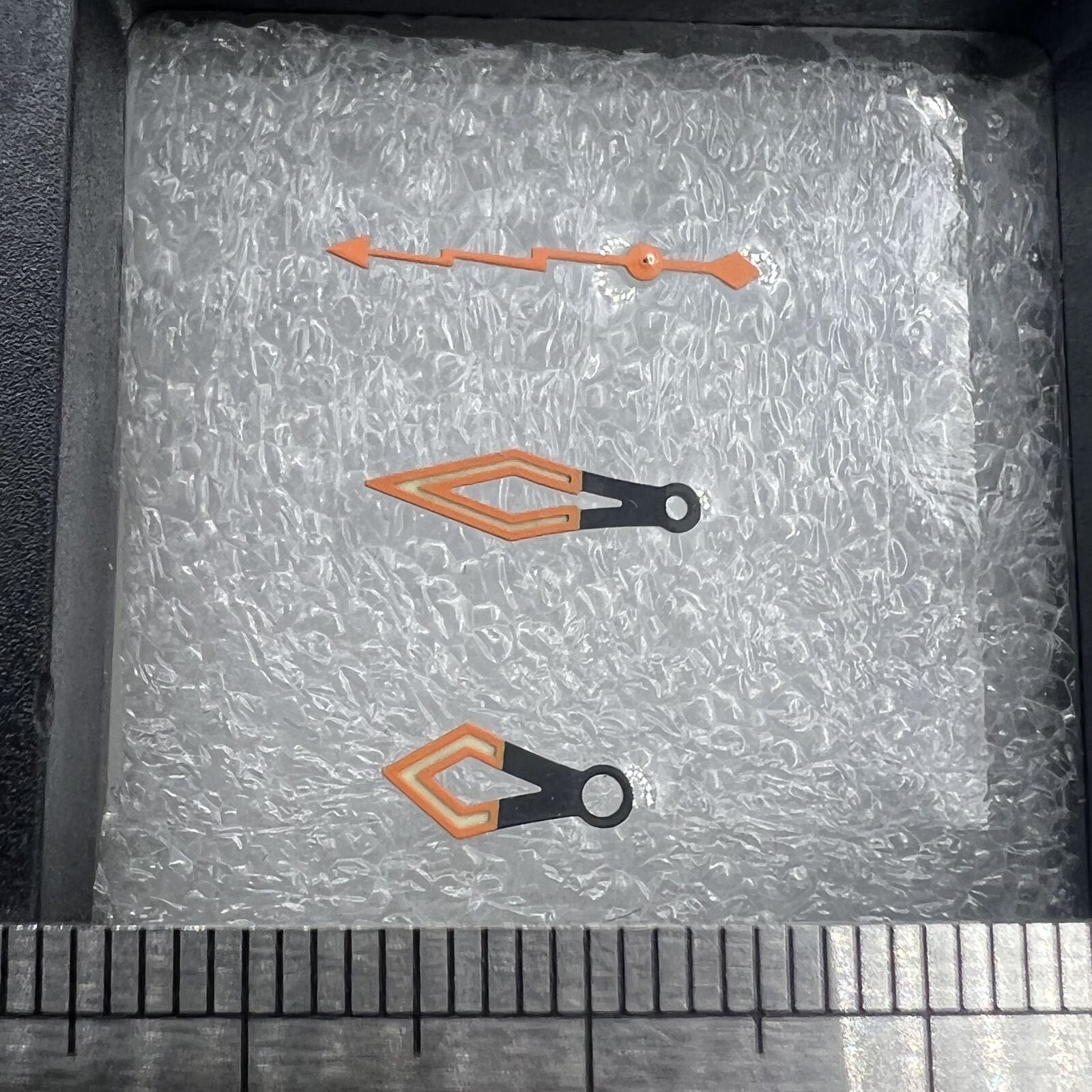 Black and orange butterfly watch hands with C3 green lume, compatible with NH35/36/4R movements, ideal for stylish watch upgrades.