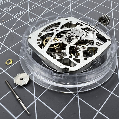 Tianjin Seagull ST25 square watch featuring silver skeleton dial and automatic mechanical movement.