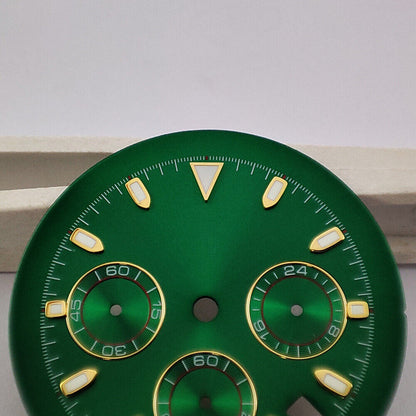 Green luminous matted watch dial with VK63 quartz movement compatibility, perfect for precise timekeeping.