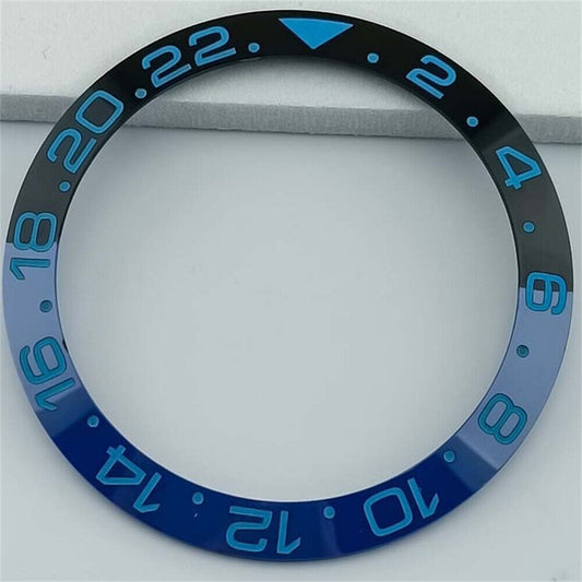 Blue and black ceramic 38mm GMT bezel ring with blue font, designed for SUB watches.