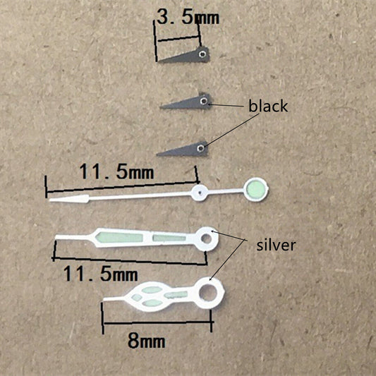Aiguilles de montre lumineuses vertes argentées de 11,5 mm pour Miyota OS10 OS20 OS60 OS80
