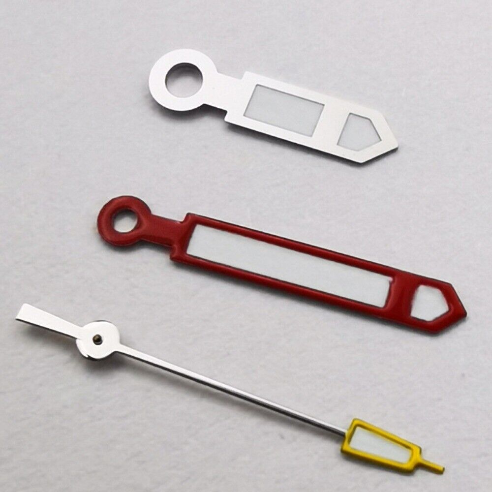 Silver watch hands with red trim, yellow second hand, and green lume, compatible with NH35/NH36 movements.