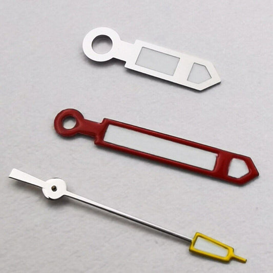 Silver watch hands with red trim, yellow second hand, and green lume, compatible with NH35/NH36 movements.