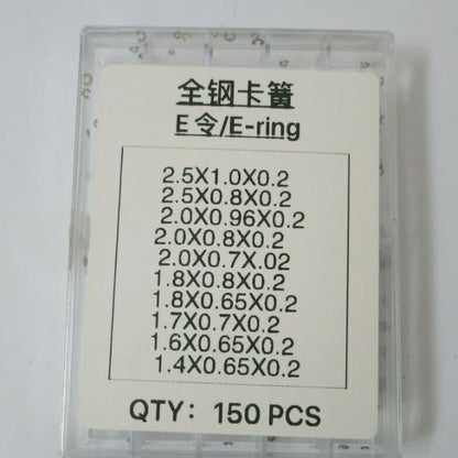 150pcs stainless steel E-clip watch pusher circlip rings for precise watch movement repair.