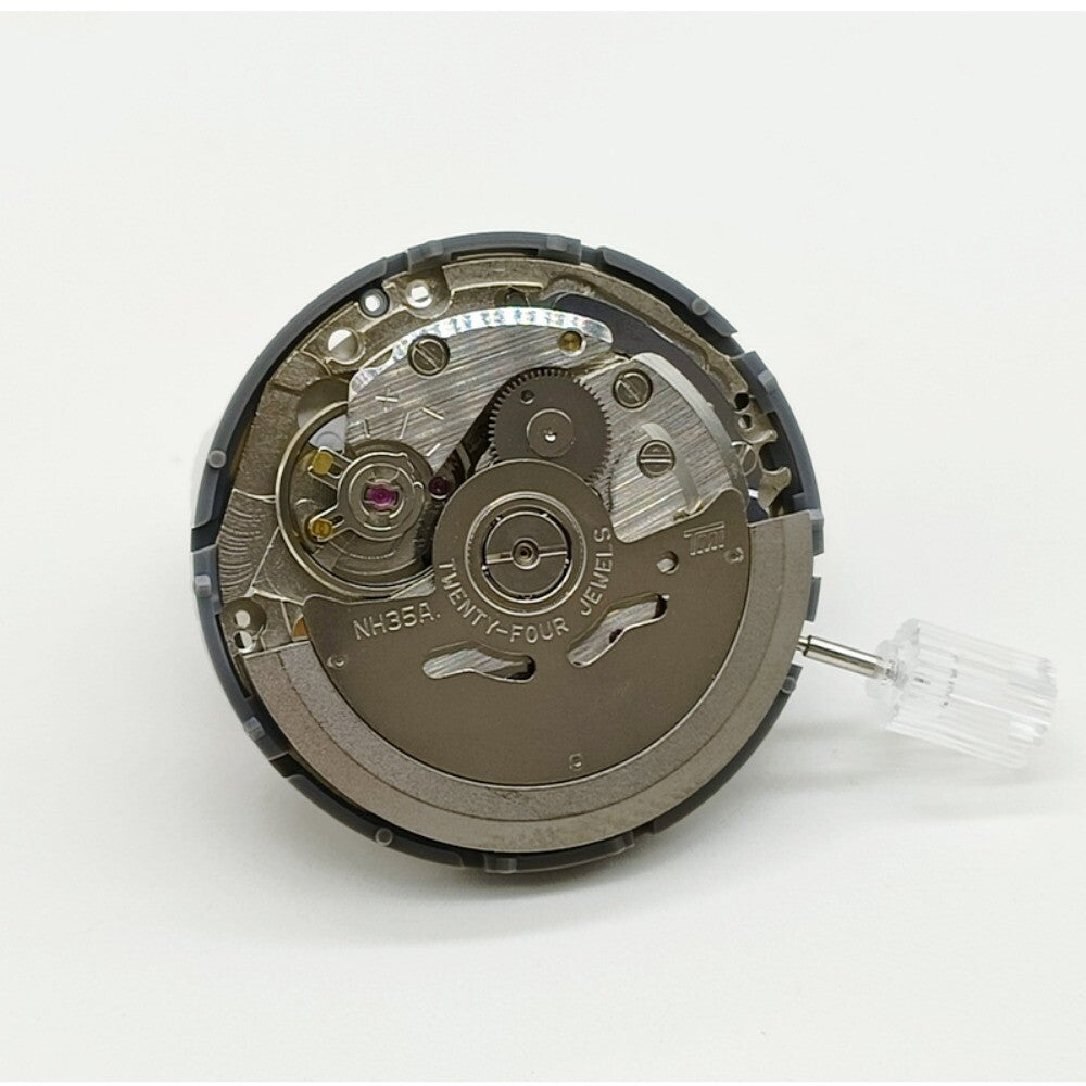 Close-up of NH35A automatic mechanical watch movement with golden date, crown at 3 o'clock, compatible with SKX007 by Seiko.