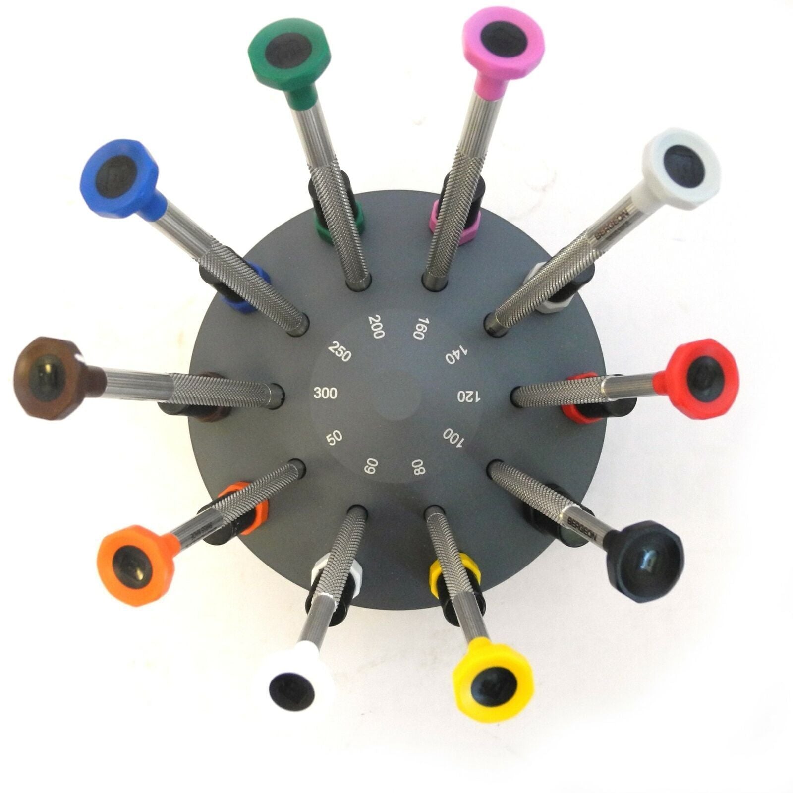 Bergeon 30081-S10 ergonomic watchmakers screwdrivers set with rotating stand for precise watch repair tasks.