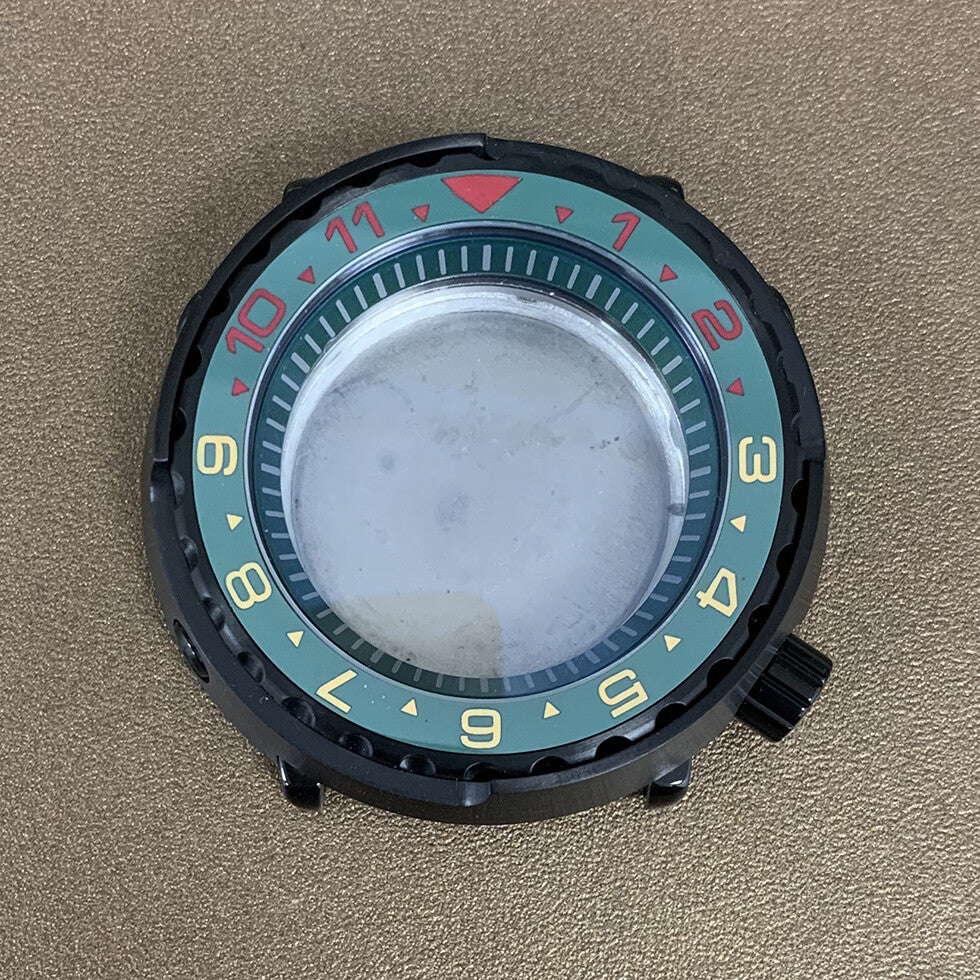 45mm PVD black stainless steel watch case with ceramic ring and mineral glass for NH35 movement.