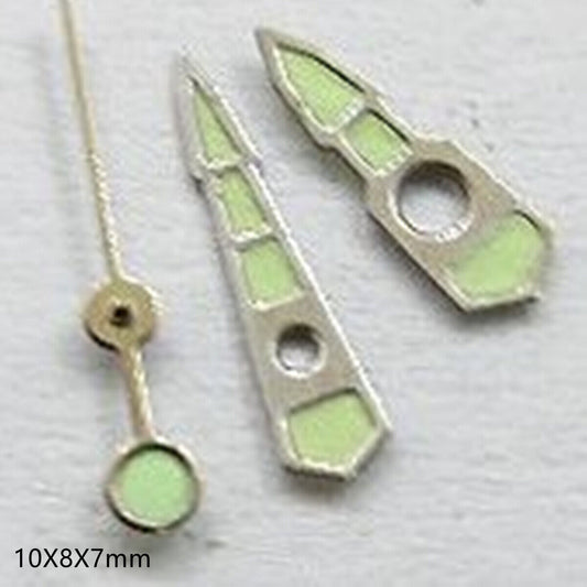 Aiguilles de montre luminescentes vertes 10 x 8 x 7 mm avec garniture argentée pour Miyota 2035, 2115, 2105 et 2305 