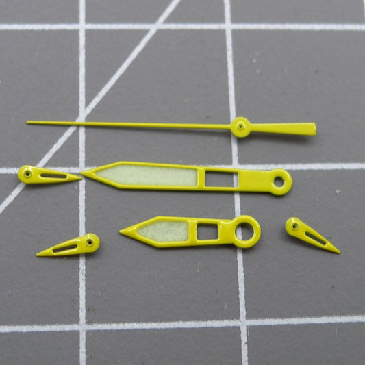 Yellow-trimmed green lume watch hands for Miyota OS10 and 0S10 movements, precise accessory.