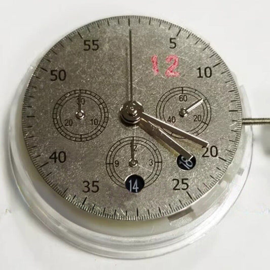 Dandong 7750 mechanical watch with small seconds at 3, 6, and 9 o'clock, black dial, date at 6.