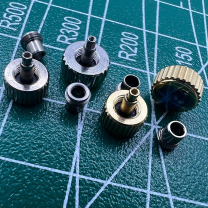 Wholesale stainless steel watch crown with silver and gold finish, screw-on tube, gasket for durable timepiece repairs.