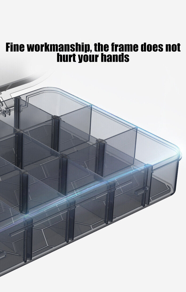 Transparent plastic storage container, ideal for organizing tools, screws, and jewelry parts efficiently.