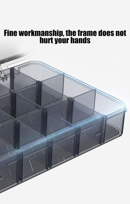 Transparent plastic storage container, ideal for organizing tools, screws, and jewelry parts efficiently.