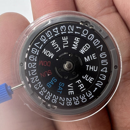 Japan NH36A watch movement with black English day display, crown positioned at 3 o'clock, precision timekeeping.