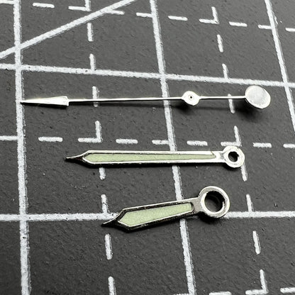 Green luminous watch hands with silver trim for Miyota 2035-2315 movements, perfect for precision repairs.