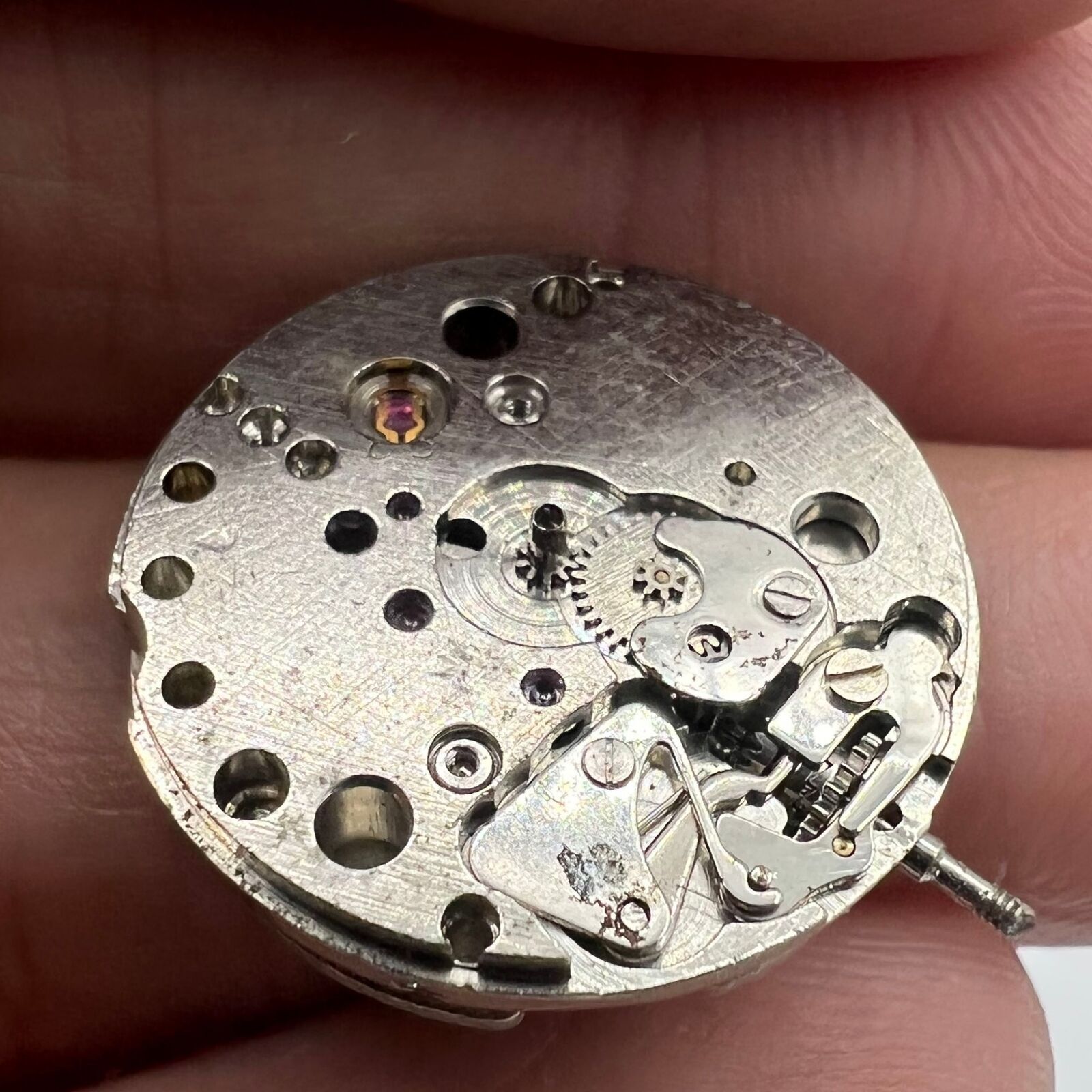 7121 3121 automatic mechanical watch movement by China Made, detailed close-up for repair practice.