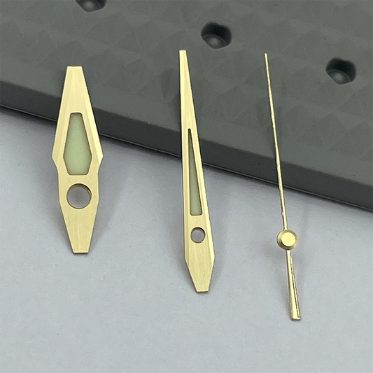 Golden Trim C3 green luminous watch hands set for NH35 movement by P2-1-B, precise and glow-in-the-dark.