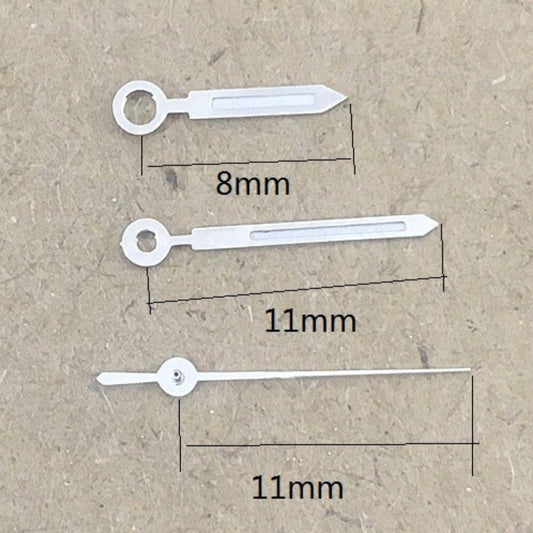 Aiguilles de montre luminescentes vertes en forme de flèche, garniture argentée de 11 mm, pour mouvement Miyota 1M12