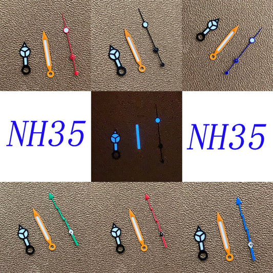 Blue luminous watch hands set for NH35 NH36 movement with lightning-style second hand