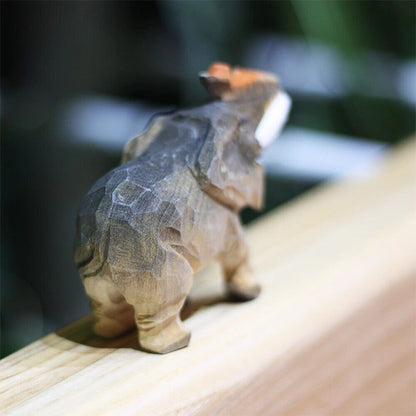 Handmade Upturned Rolled Nosed Elephant wooden figurine, decorative watch accessory holder for stylish display.