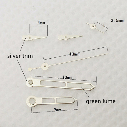 Silver trim green lume watch hands for Epson VD53 VD54 VD57 movements, precise fit and luminous visibility.