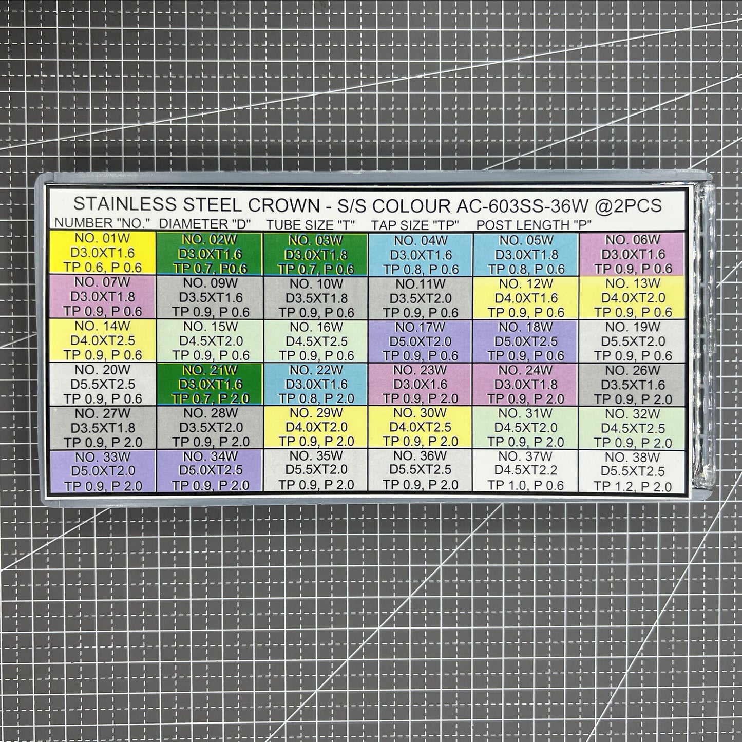 Stainless steel watch crowns assortment, 36 sizes, silver finish, 72-piece repair kit.