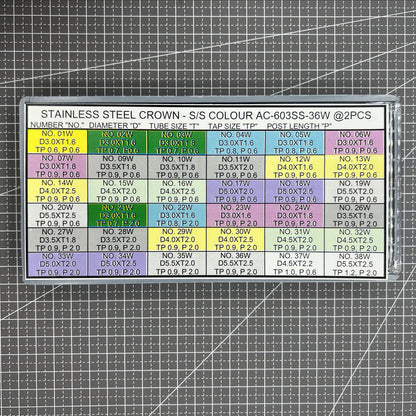 Stainless steel watch crowns assortment, 36 sizes, silver finish, 72-piece repair kit.