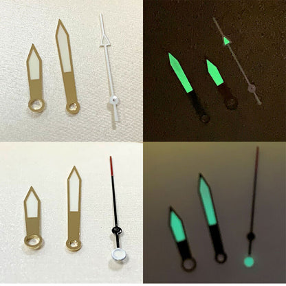Green luminous golden watch hands set for NH35A/NH36A/4R36 movement, precise timekeeping.