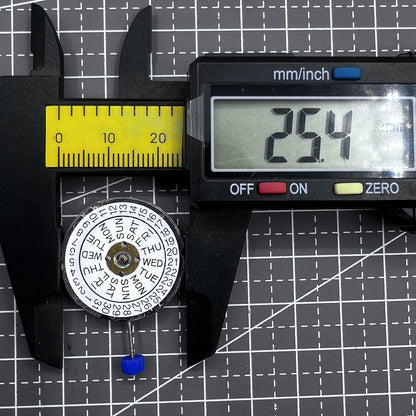 Swiss ISA 1198 quartz watch movement with 3 hands and English day-date display for precise timekeeping.