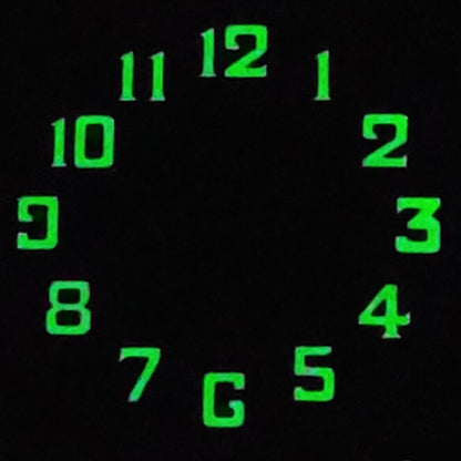 Green lume black pilot numeral watch dial, 33.8mm waterproof, NH35 compatible for precision timepieces.